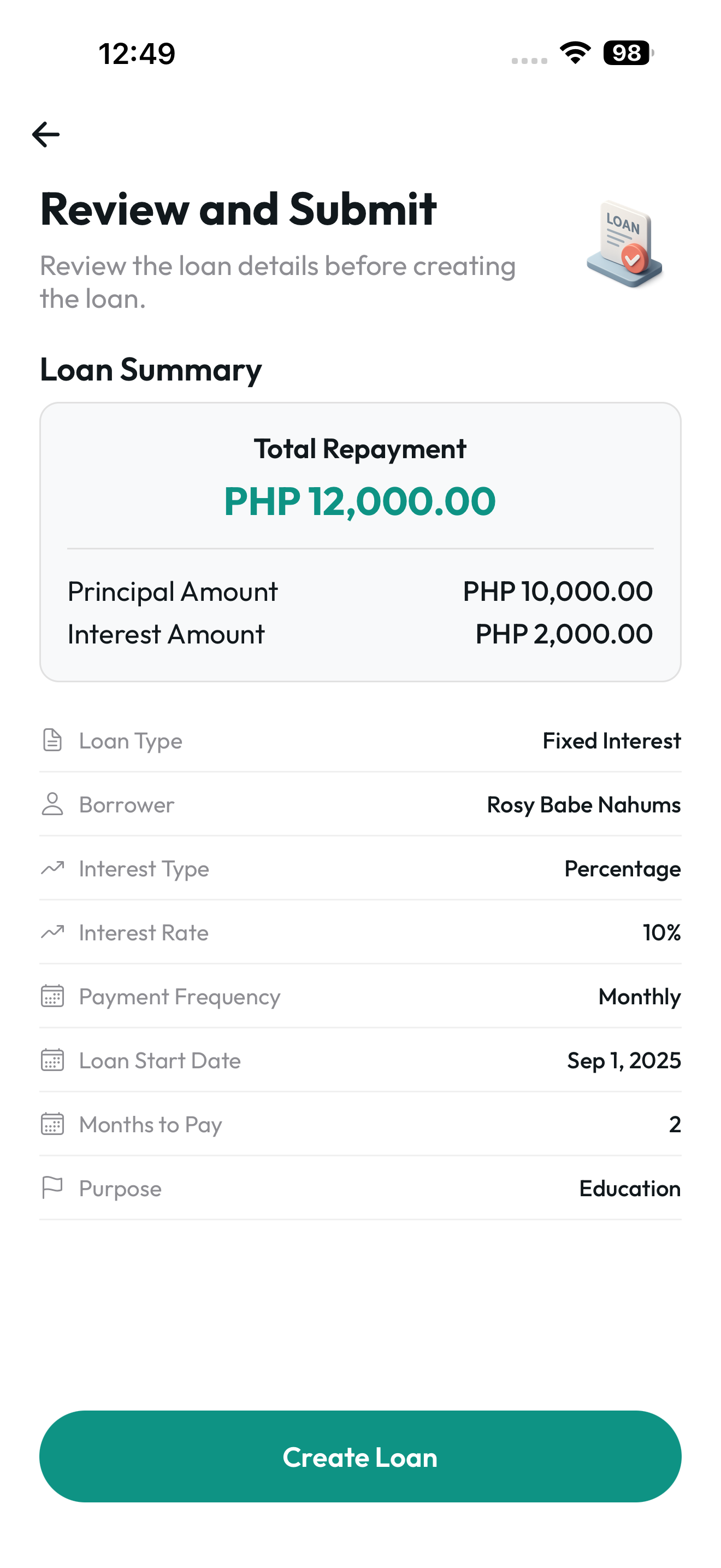 Loan creation confirmation