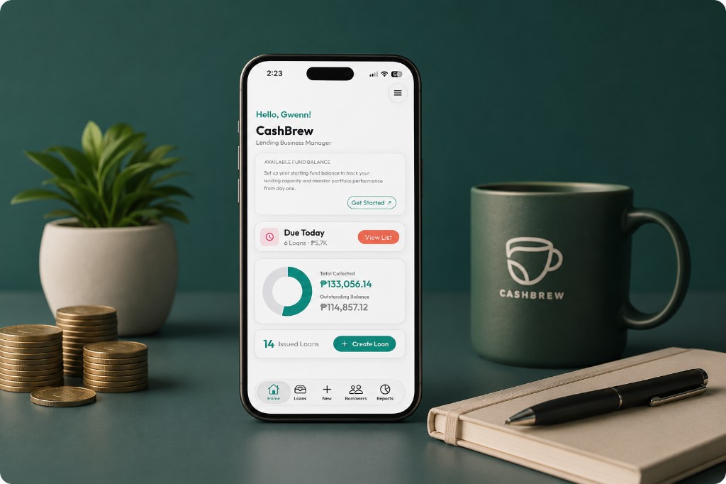 CashBrew home screen showing the Available Fund Balance card, Due Today, and collection totals